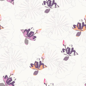 purple flower designs agains white background and outline sketches of flowers