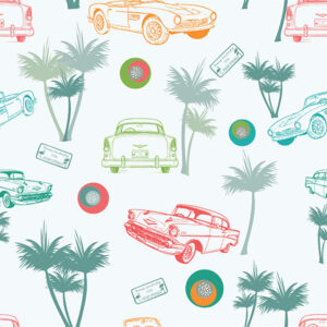 retro style cars and pal trees on white background