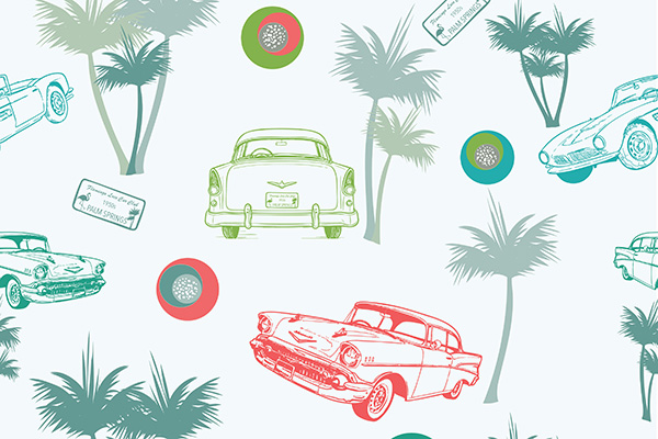 retro style cars and pal trees on white background