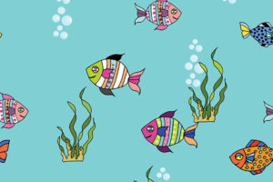 Kids collection by D'NOVO design - teal background with colorful fish swimming with coral and bubbles